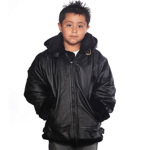 K109 Boys Leather Coat with Black Faux Fur and Removable Fur Hood Large View