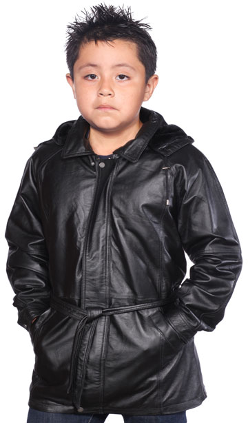 K11 Kids Long Leather Coat Parka Style with Removable Hood and Belt
