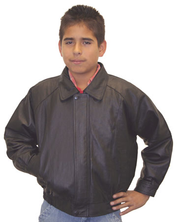 K5 Kids Black Leather Bomber Waist Jacket with Zipper Wind Flap Cover