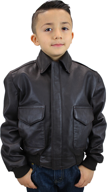 Kids Black A2 Airforce Leather Bomber Military Jacket Made in the USA Large View
