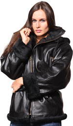 A607 Black Ladies Leather Coat with Beige Fur and Removable Zipper Hood
