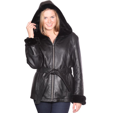 Click for Large View of the B617 Ladies Lambskin 3 Quarter Long Coat with Hood and Faux Fur