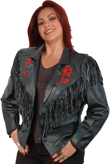 Janice Ladies Fringe with Red Rose Buttons | Leather.com