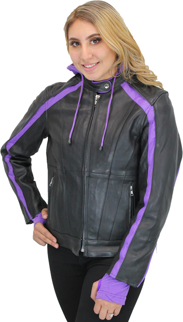 LC6555 Women's Motorcycle Leather Jacket with Removable Purple Hoodie, Purple Accesnts and Tribal Heart on Back Large View