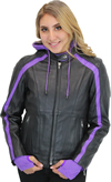 LC6555 Women's Motorcycle Leather Jacket with Removable Purple Hoodie, Purple Accesnts  Front View
