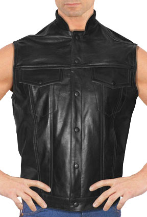 MV16 Anarchist 2 Leather Motorcycle Club Vest with Short Mandarin Sport Collar Made in the USA Large View