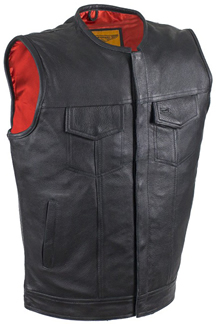 V8002Z Mens Leather Motorcycle Club Zipper Vest No Collar Red Liner