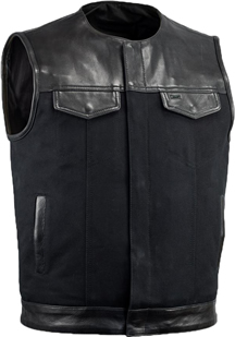 V4951CV-No Collar Mens Heavy Canvas and Premium Leather Trim Motorcycle Club Zipper Vest with No Collar