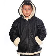 K109 Boys Leather Coat with Beige Fur and Hood