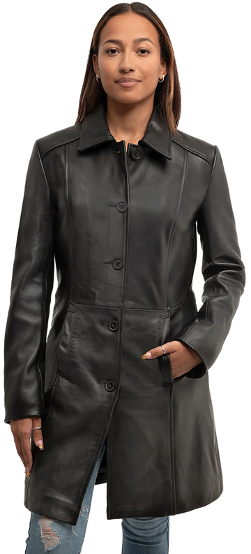 LB1402 Ladies Lambskin Leather Trench Coat with Buttons Large View