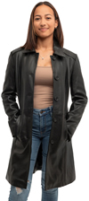 LB1402 Ladies Lambskin Leather Trench Coat with Buttons Front View