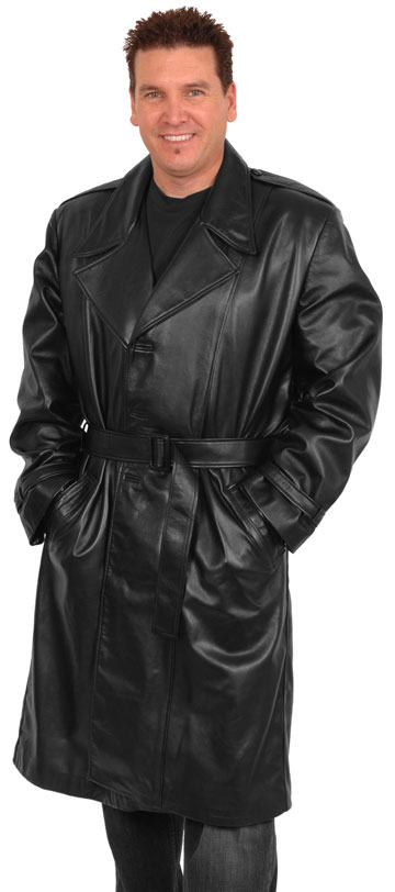 T3 Mens Lambskin Leather Long Trench Coat With Button And Belt