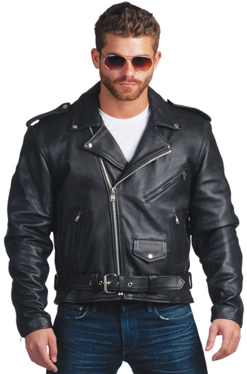 C10 Men’s Cowhide Basic Biker Jacket with Half Belt and Zipout Liner ...
