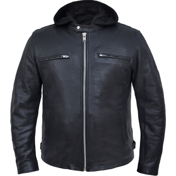 C6644 Leather Motorcycle Scooter Jacket with Removable Hood Larger View