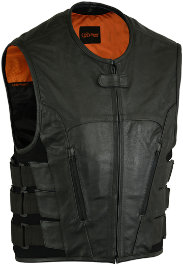 V007 Men’s Black Leather Tactical SWAT Style Vest with Velcro Straps ...